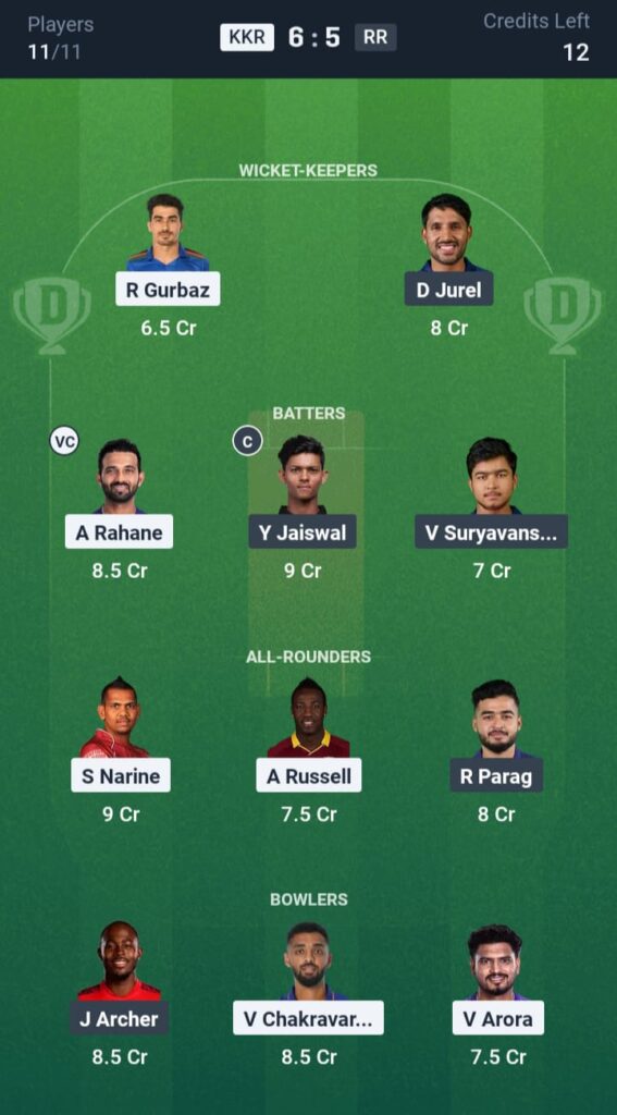 KKR vs RR Dream11