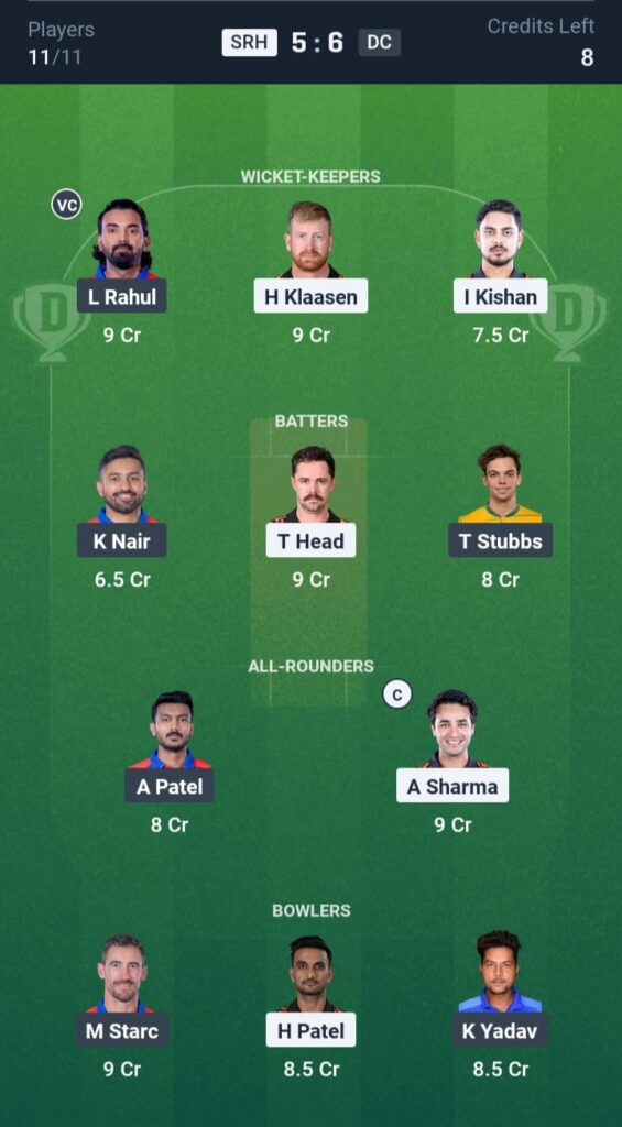 SRH vs DC Dream11
