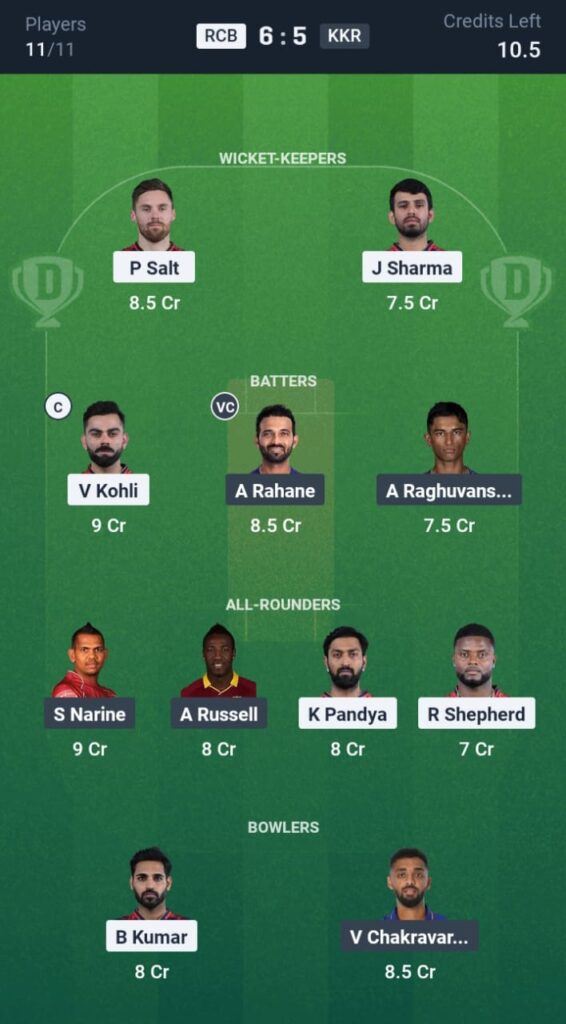 RCB vs KKR Dream11