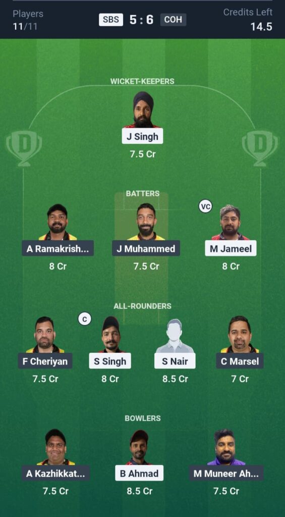 SBS vs COH Dream11