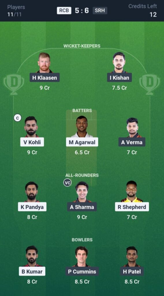 RCB vs SRH Dream11