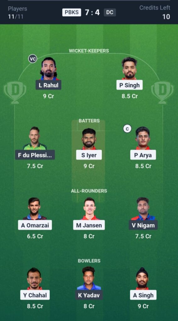 PBKS vs DC Dream11