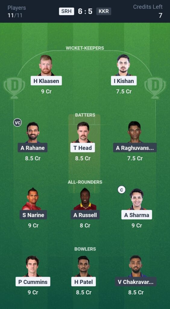 SRH vs KKR Dream11