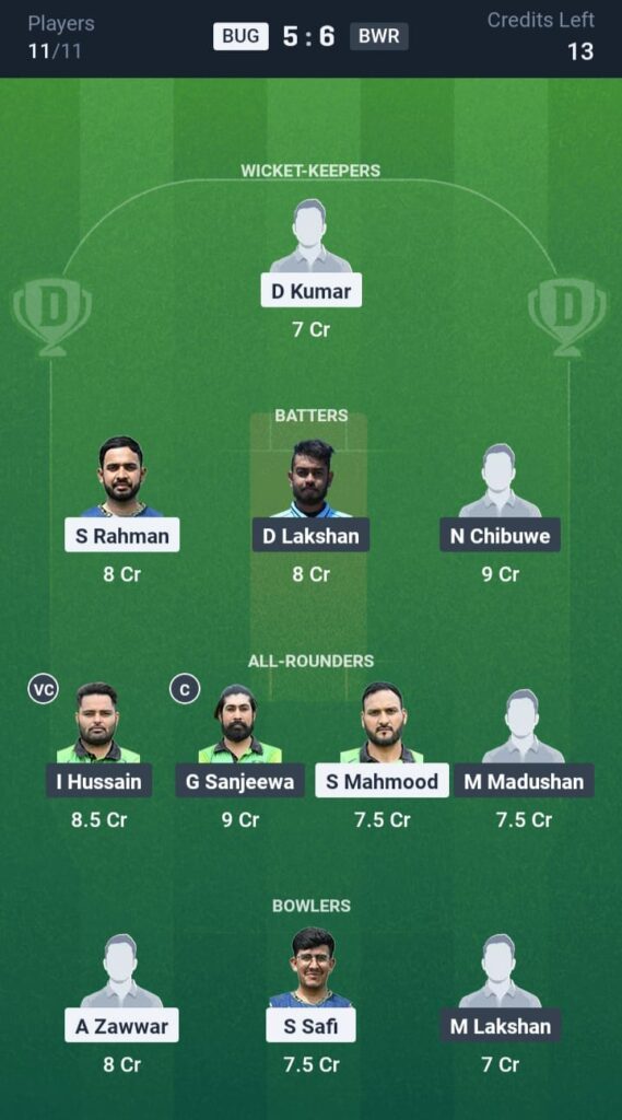BUG vs BWR Dream11