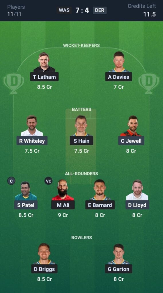 WAS vs DER Dream11