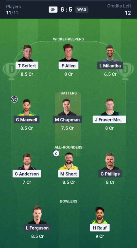 SF vs WAS Dream11