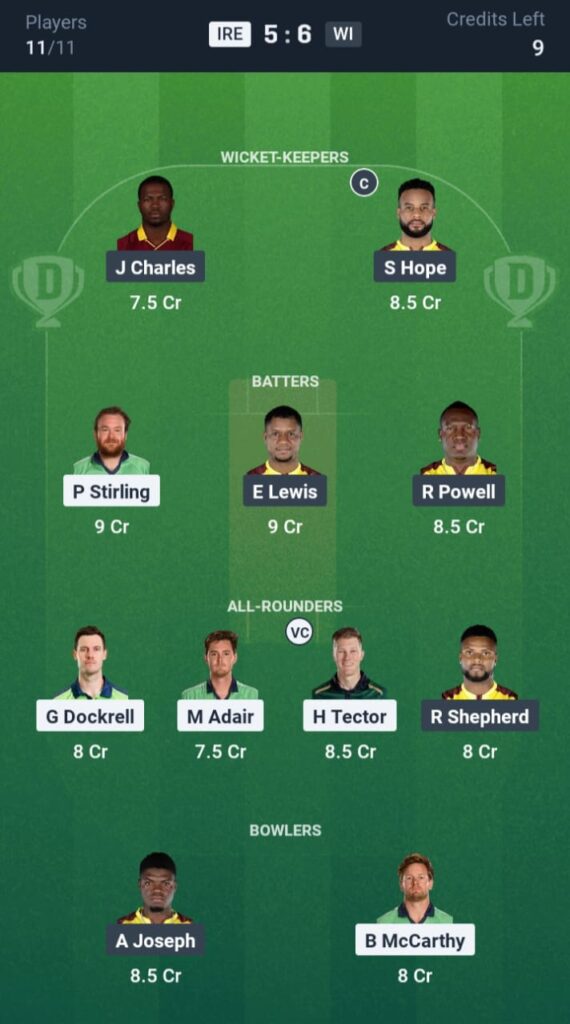 IRE vs WI Dream11