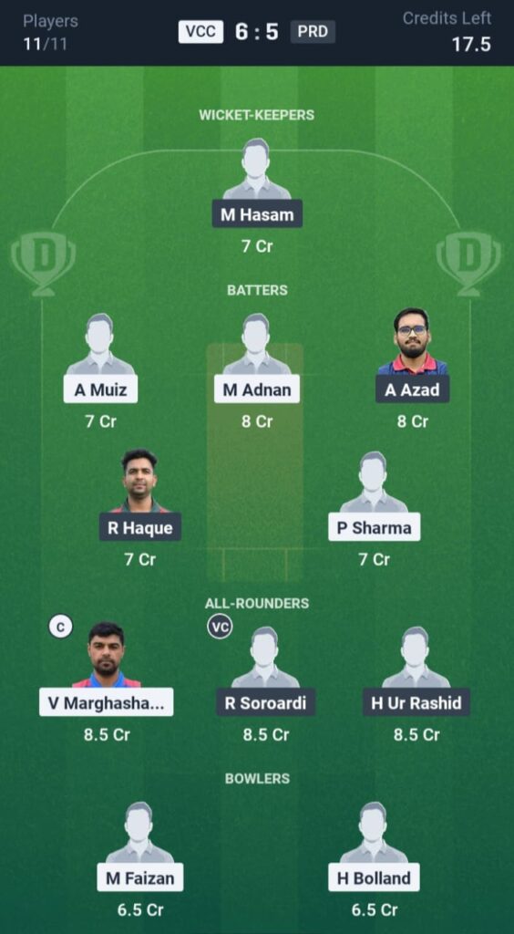 VCC vs PRD Dream11
