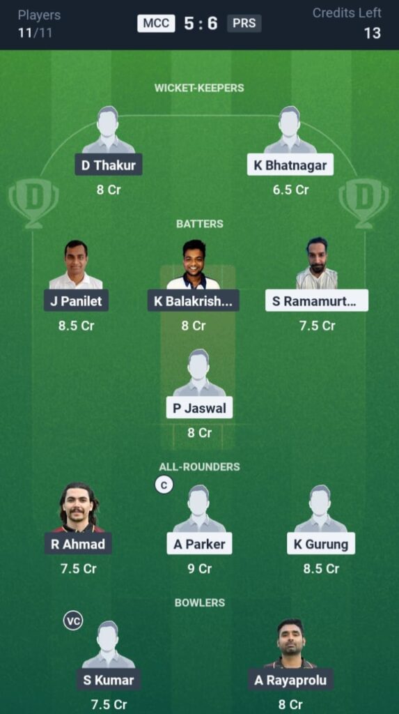 MCC vs PRS Dream11