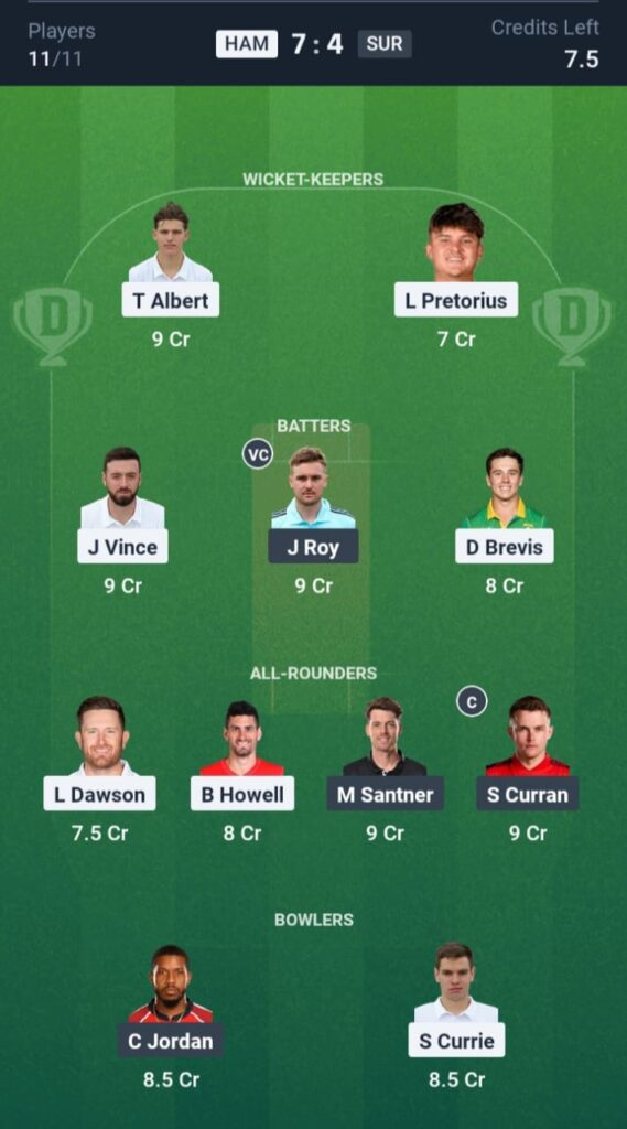 HAM vs SUR Dream11
