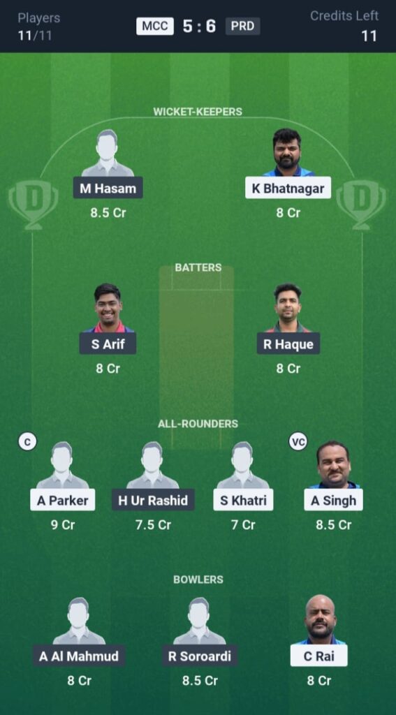 MCC vs PRD Dream11