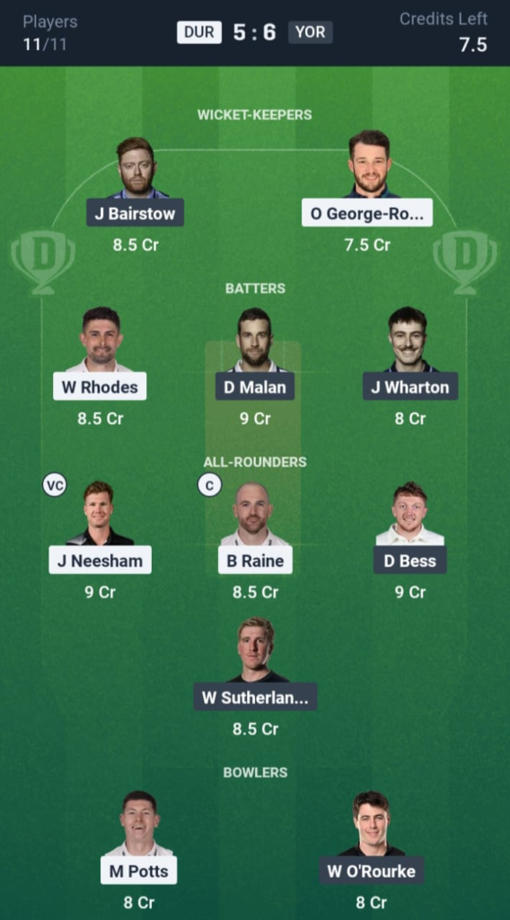DUR vs YOR Dream11