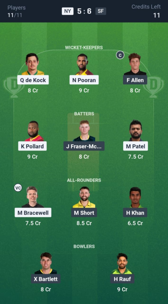NY vs SF Dream11
