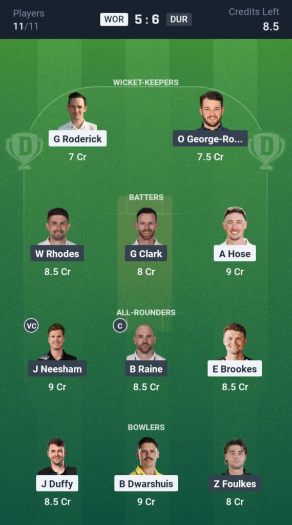 WOR vs DUR Dream11
