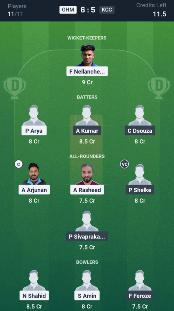 GHM vs KCC Dream11