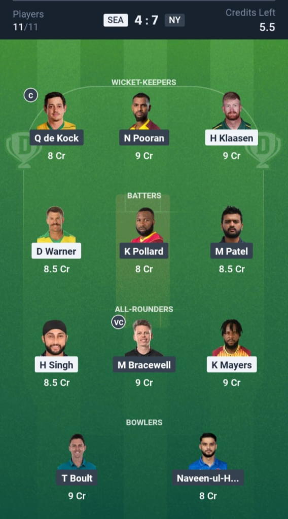 SEA vs NY Dream11