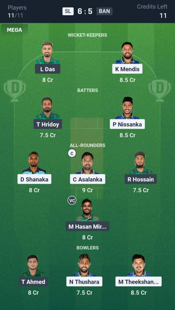 SL vs BAN Dream11