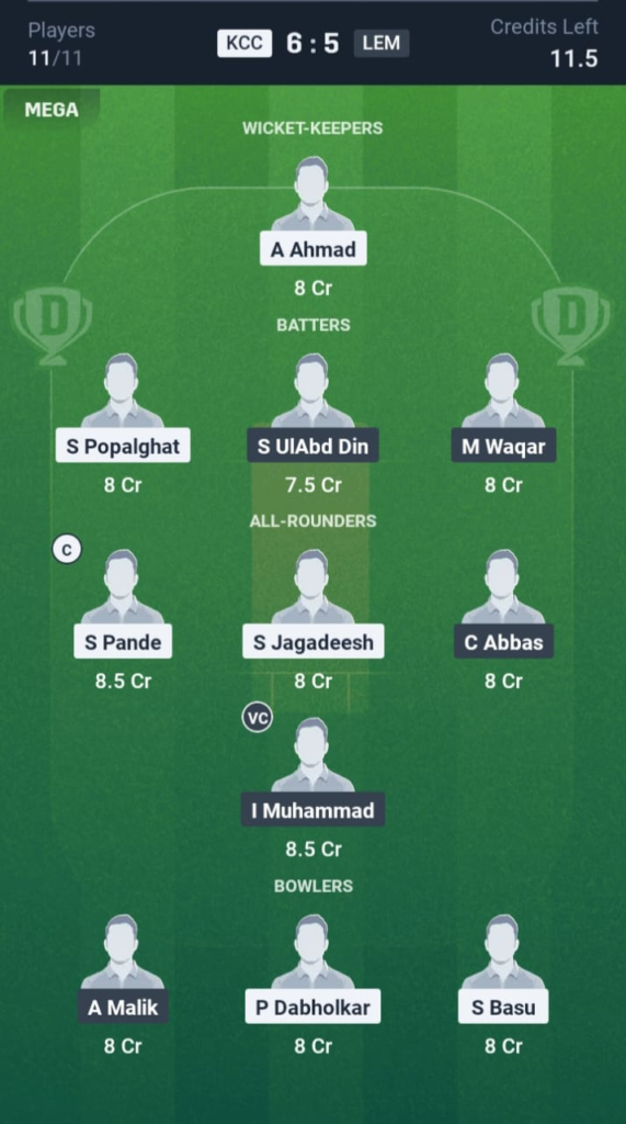 KCC vs LEM Dream11