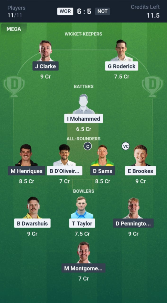 WOR vs NOT Dream11