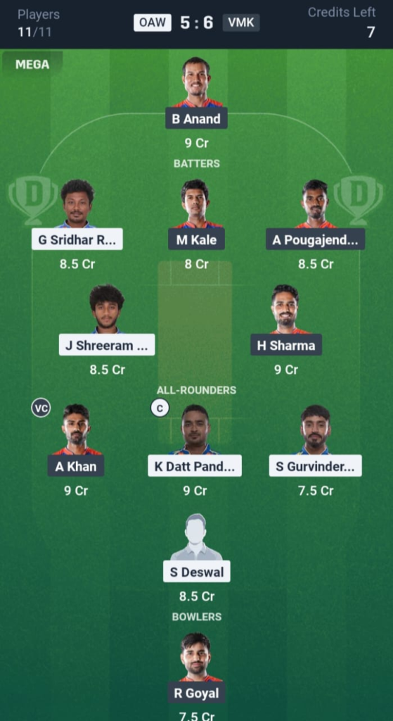 OAW vs VMK Dream11