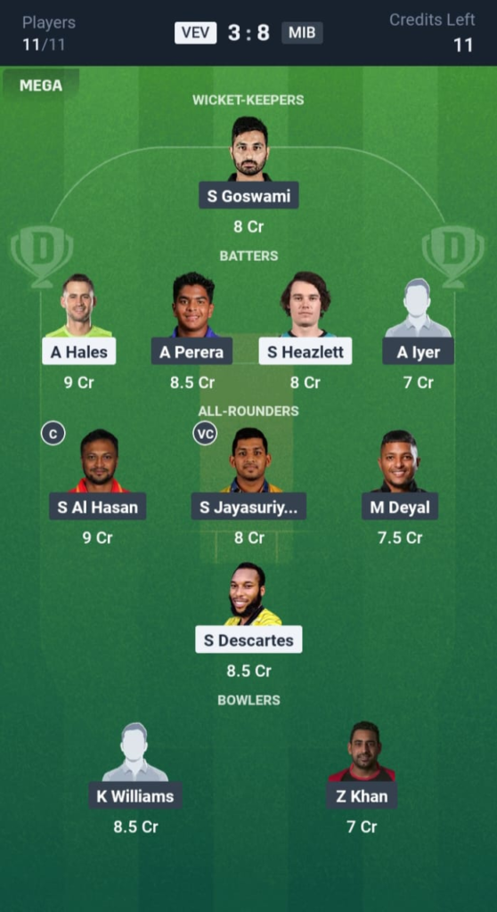 VEV vs MIB Dream11