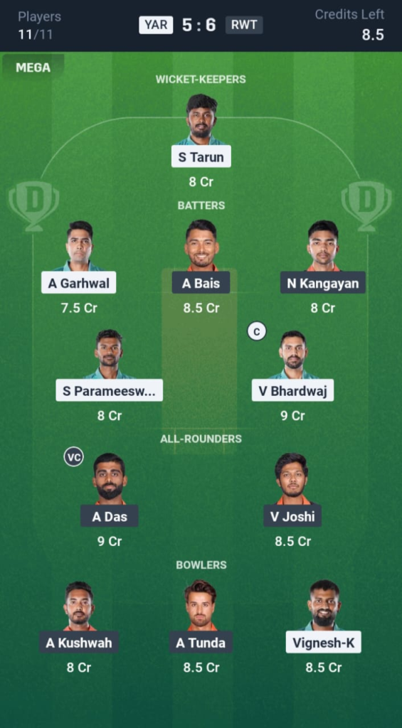 YAR vs RWT Dream11