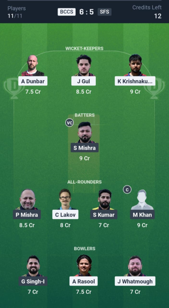 BCCS vs SFS Dream11