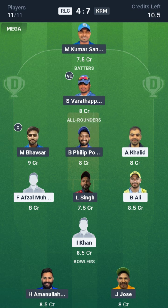 RLC vs KRM Dream11
