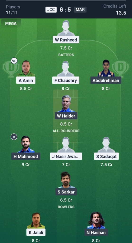 JCC vs MAR Dream11