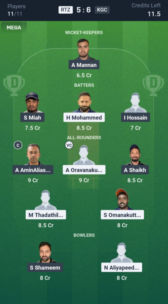 RTZ vs KGC Dream11