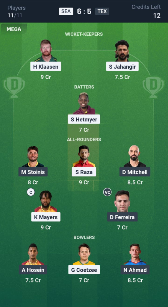 SEA vs TEX Dream11