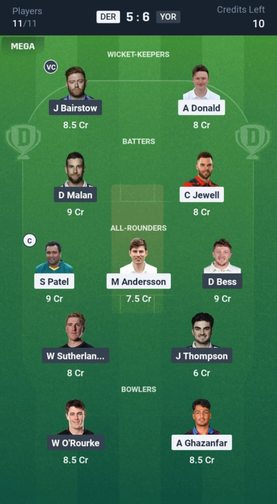 DER vs YOR Dream11