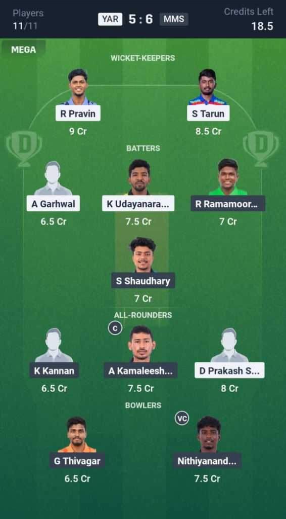 YAR vs MMS Dream11