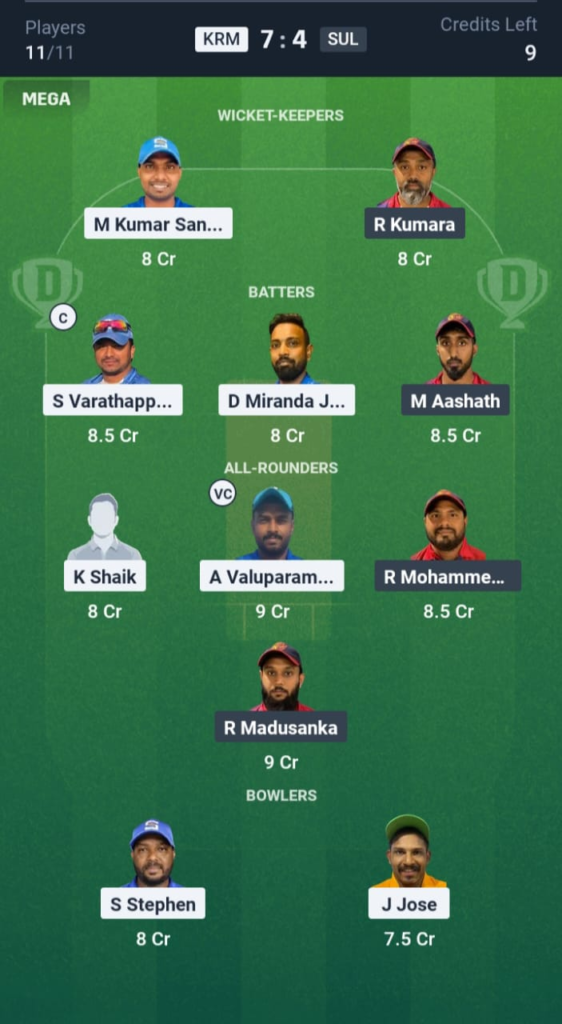 KRM vs SUL Dream11
