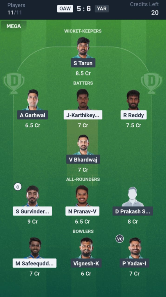 OAW vs YAR Dream11