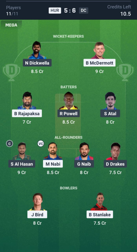 HUR vs DC Dream11