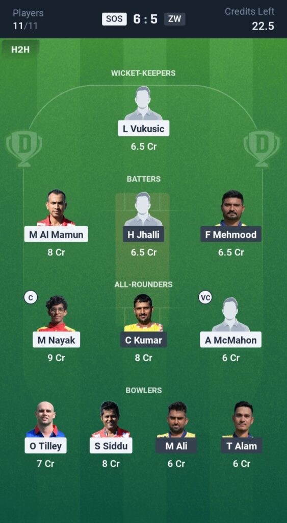 SOS vs ZW Dream11