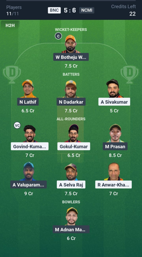 BNC vs NCMI Dream11